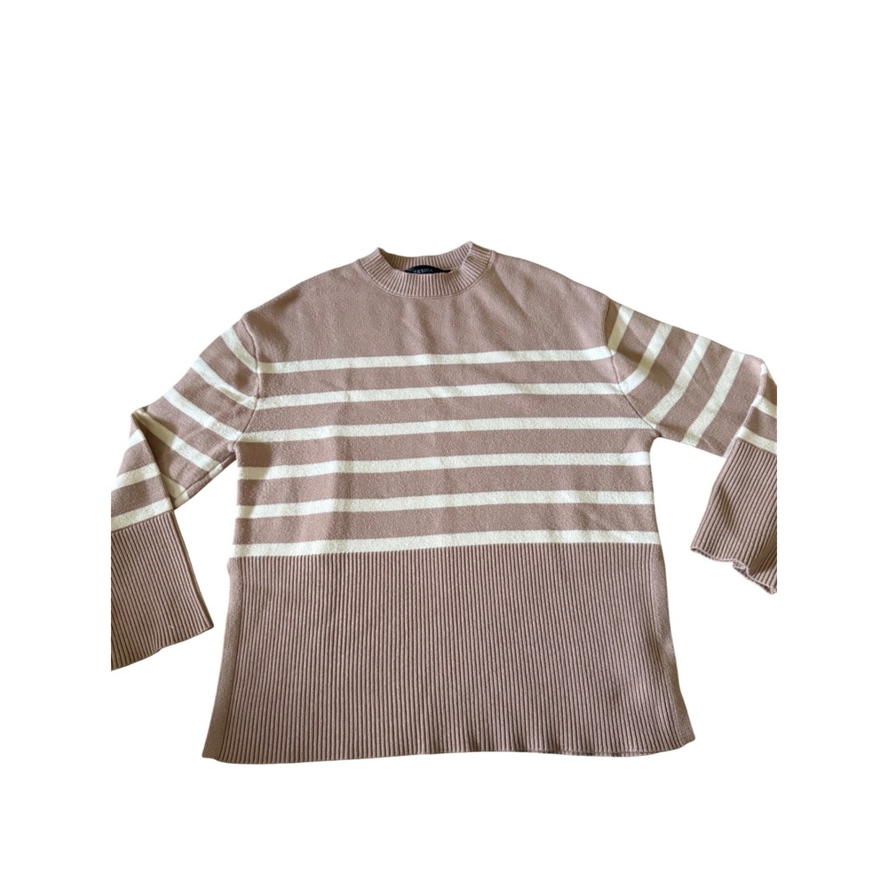 ZESICA Striped Crewneck Sweater Mauve Pink White Ribbed Knit Women Size M Preppy